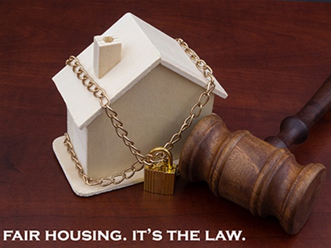 Small wooden house with lock around it next to a gavel. Text reads: Fair Housing. It's the law.